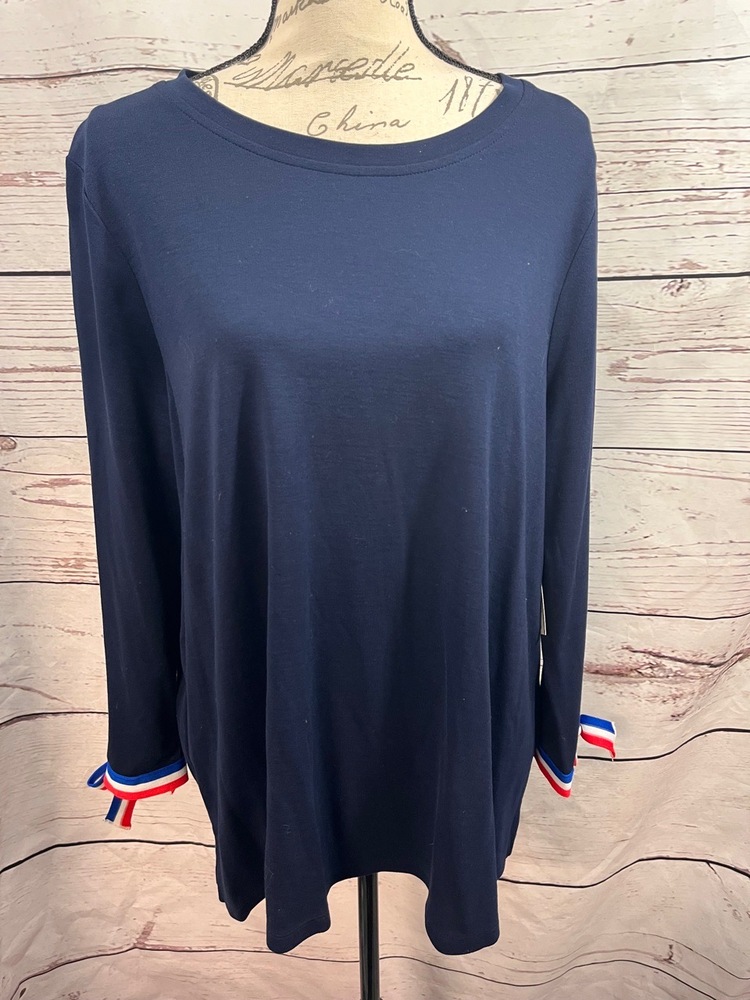 NWT Crown & Ivy Womens XXL Navy‎ Blue Long Sleeve Striped Cuff Top Casual